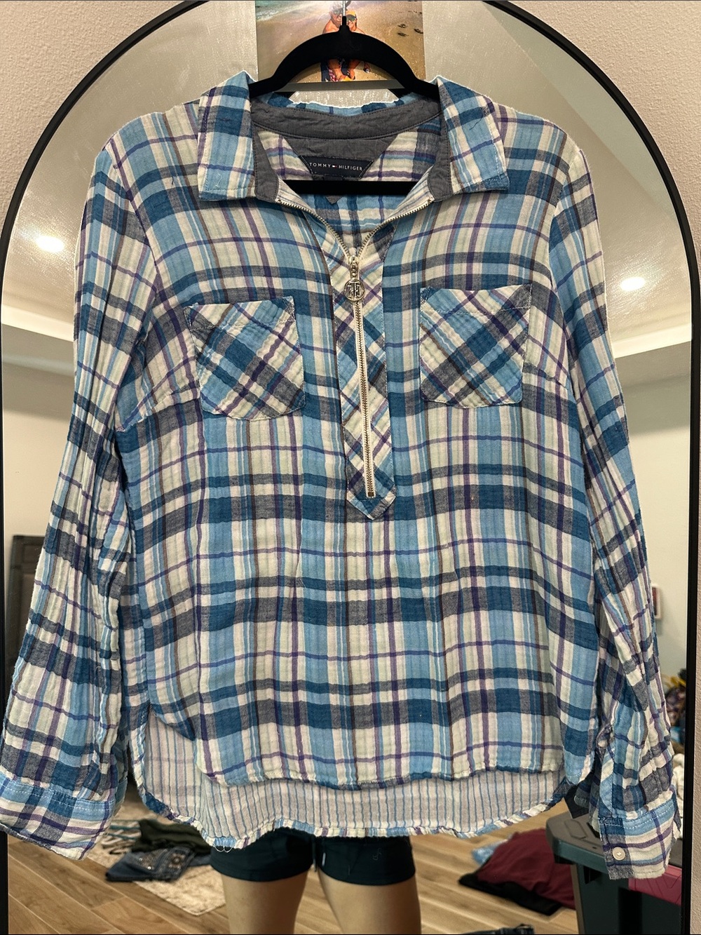 Tommy Hilfiger Blue Plaid Half-Zip Button Pocket Pullover